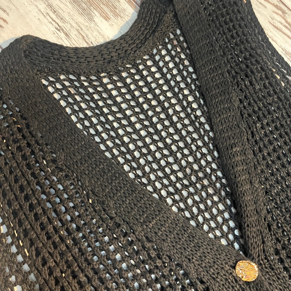 Black Crochet Maxi Vest Cover Up Button Down Gold Buttons XL NWOT - Picture 10 of 16